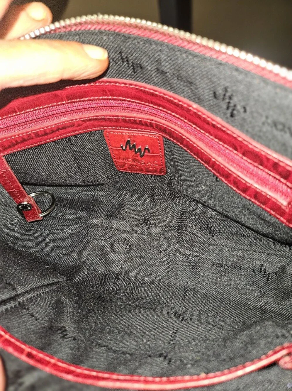 Vintage Monsac Croc-Embossed Italian Leather Baguette Handbag- Cherry Red - Picture 6 of 12